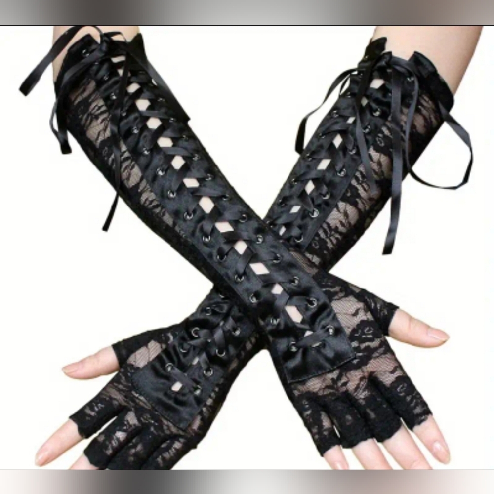 Goth Black Lace Up Bowknot Gloves